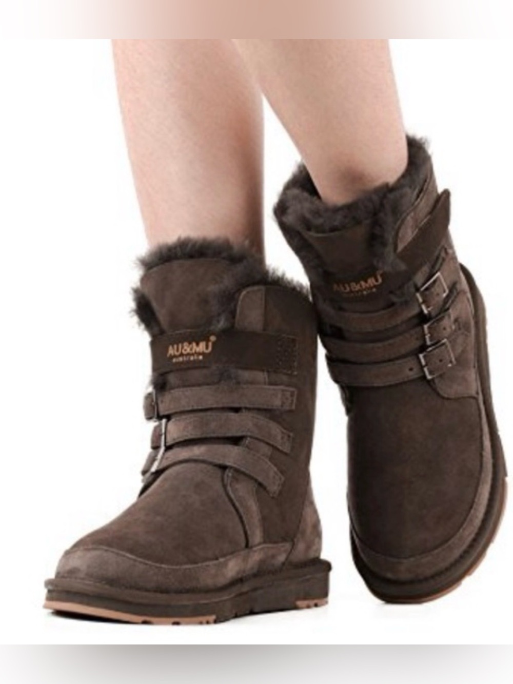 AU&MU Australia Brown Suede Shearling Fur Mid Calf Winter Boots Size 7